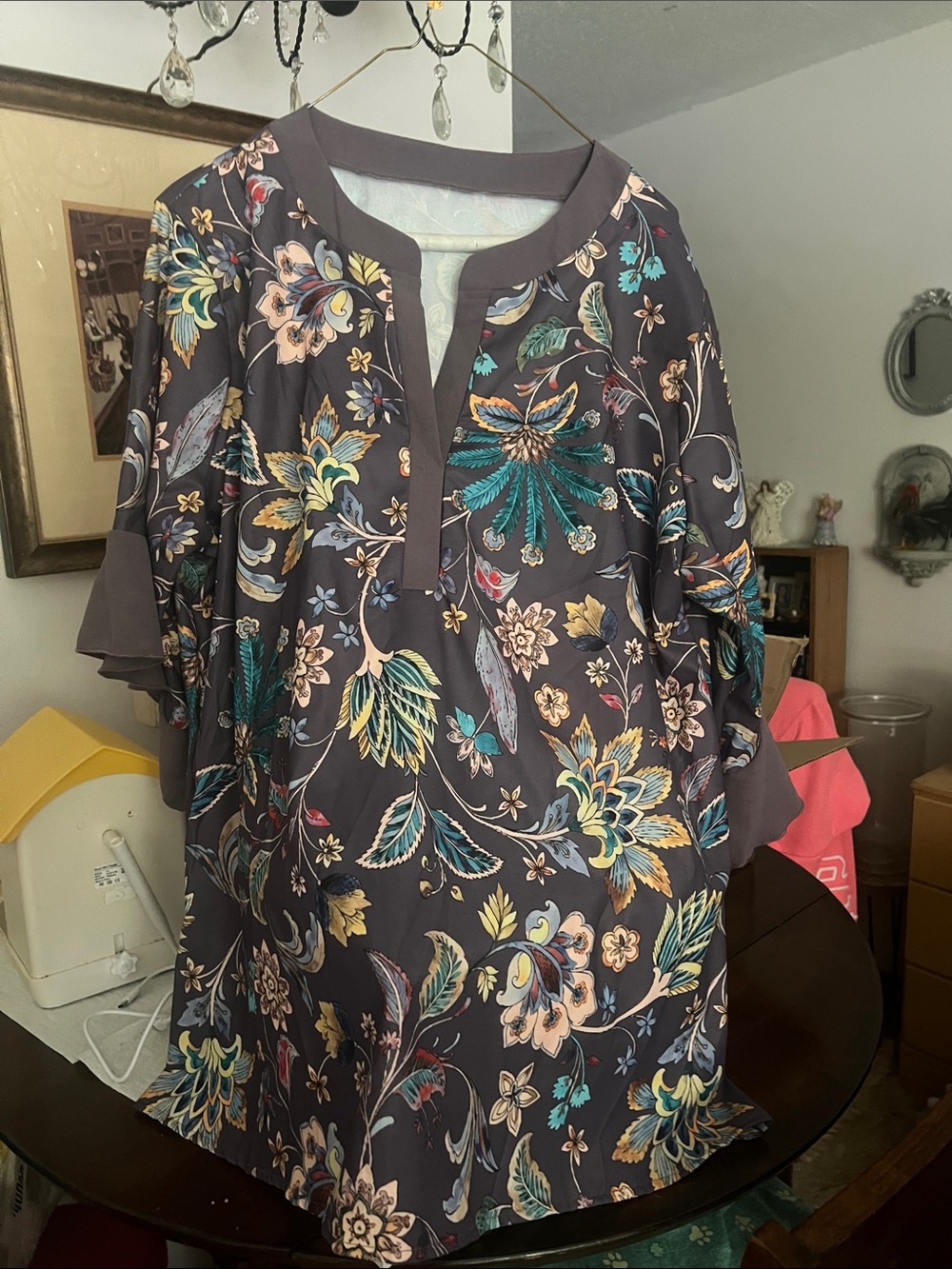 Floral Print V-Neck Tunic Top - Teal & Mustard on Charcoal